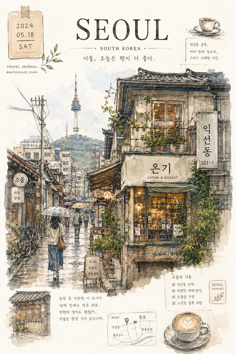 Seoul alley gleams after rain with warm cafe lights