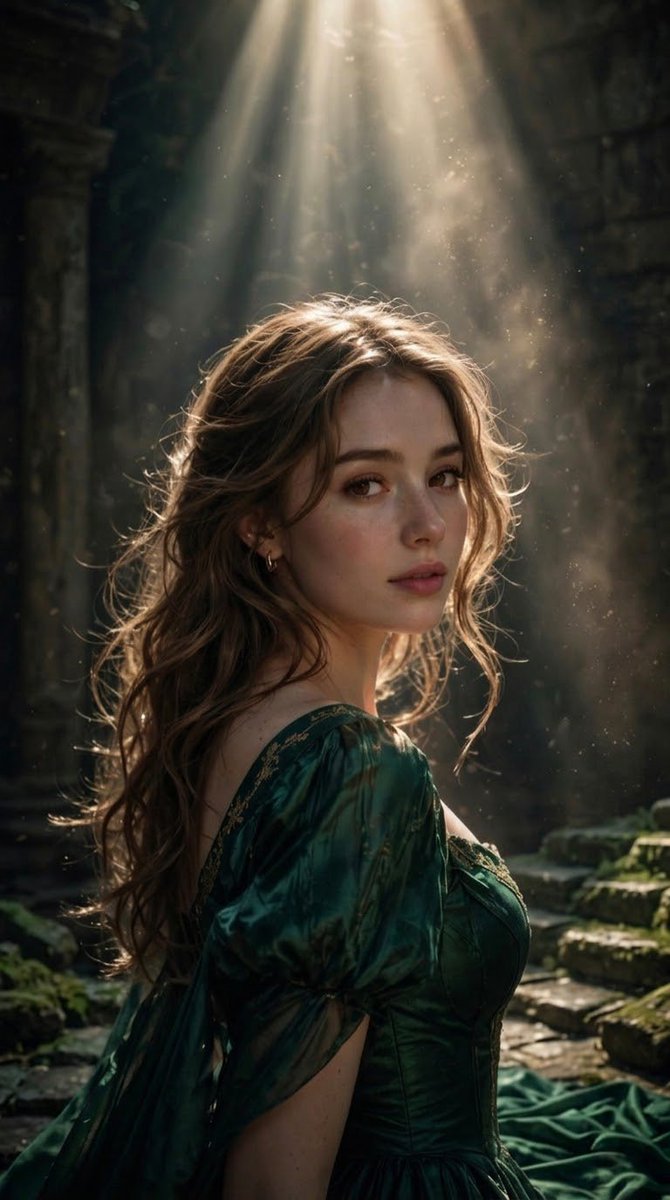 Woman in Emerald Gown Turns in Sunlit Ancient Ruins