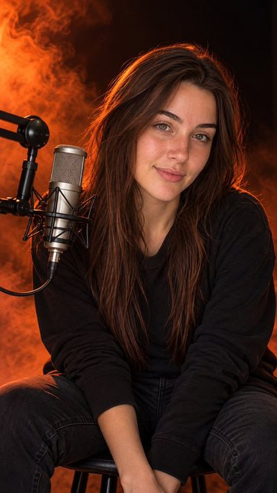 Cinematic portrait of a person seated on a stool in a dark studio