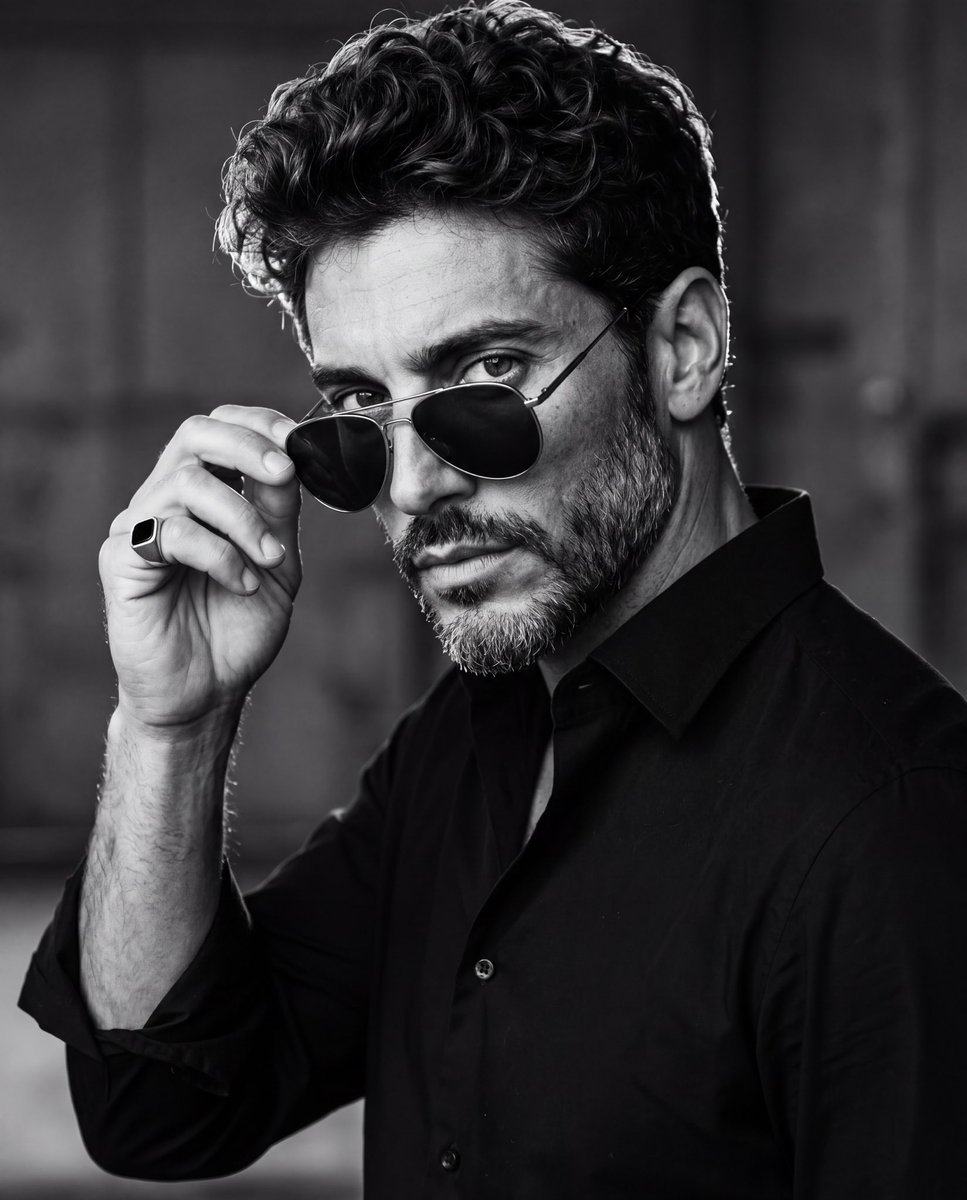 Man in black shirt lifts aviator sunglasses with ring hand