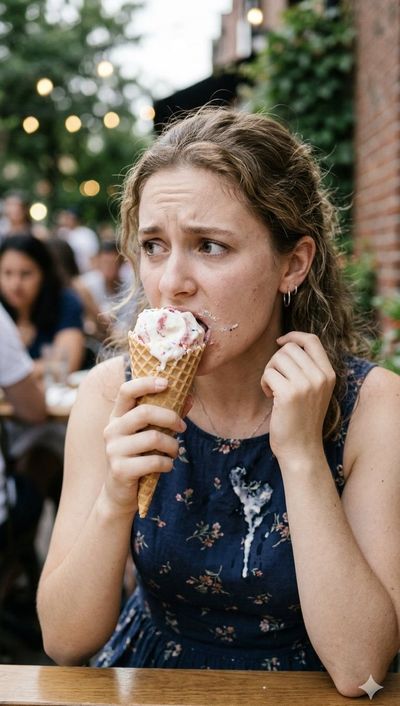 Woman in floral dress frowns as ice cream drips on her