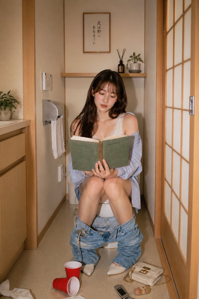 Young Woman Reads Green Book on Toilet in Japanese Restroom