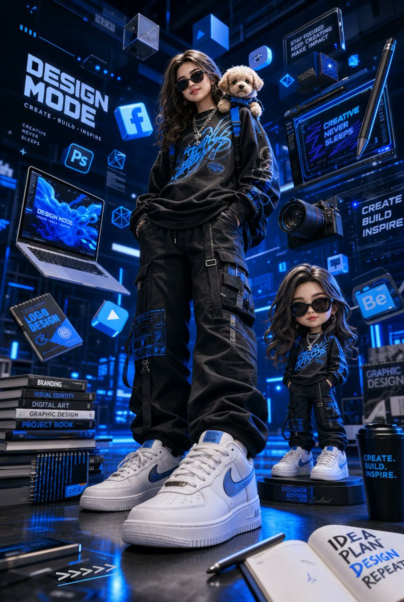 Futuristic designer with puppy stands in neon blue studio