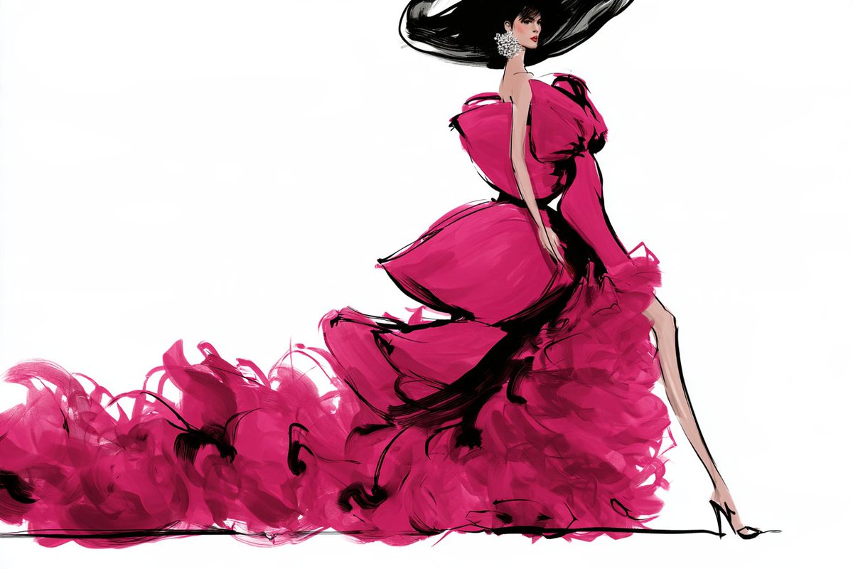 Elegant model in couture gown strikes a dramatic runway pose