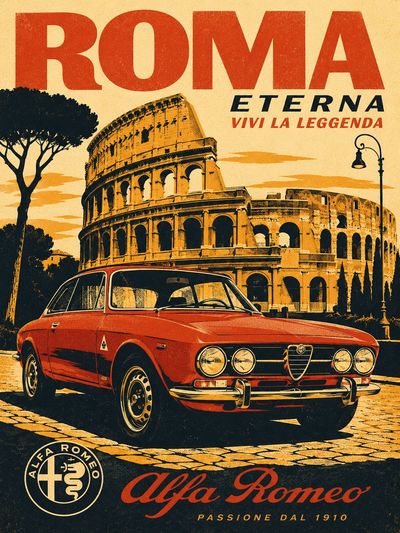A classic red Alfa Romeo coupe awaits before the Colosseum in golden light.