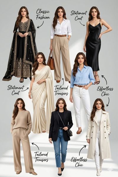 Eight distinct fashion looks arrange organically on a runway backdrop