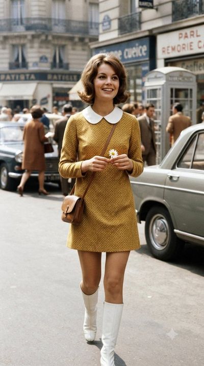 Elegant woman in blue blazer holds daisy on Paris cobblestone street
