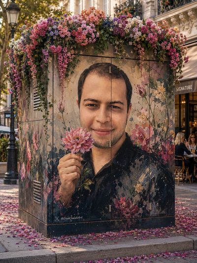 Giant mural portrait of a woman holding a flower on a transformer box
