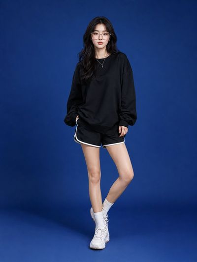 Young woman in black sweatshirt poses against royal-blue backdrop