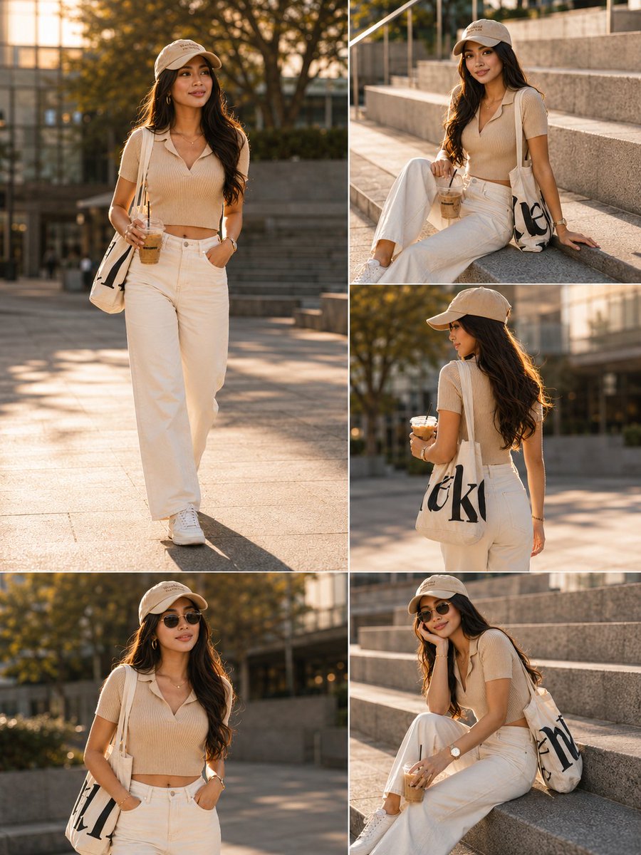 Young woman in beige polo strolls through sunlit plaza at golden hour