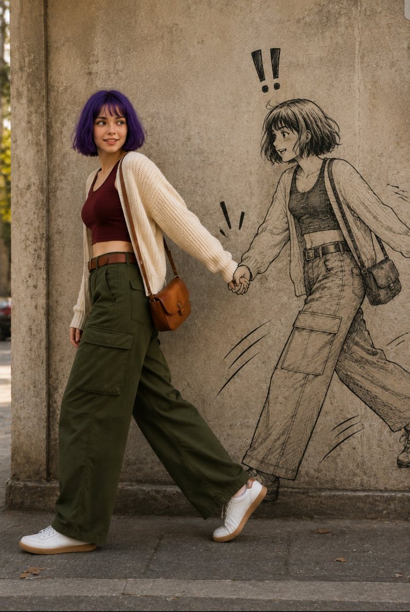 Wareen strolls past her ink-drawn twin on a sunlit street wall.