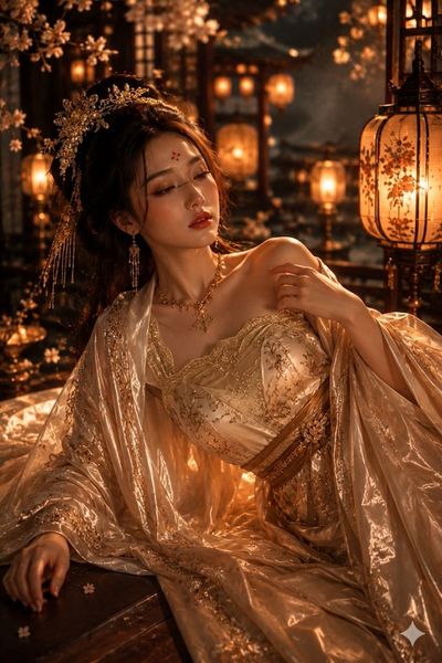 An empress lounges in a glowing palace under golden lantern light.