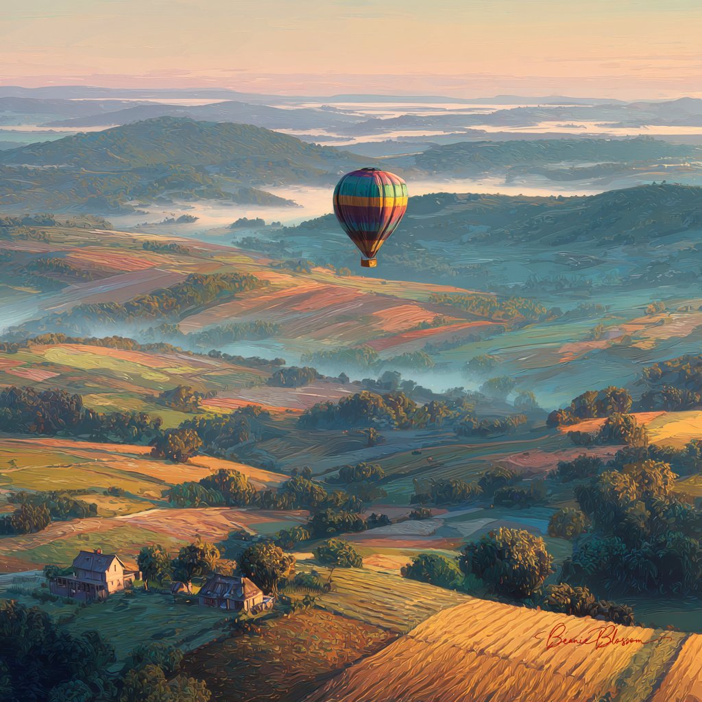 Sunrise Balloon Drift Over Patchwork Fields