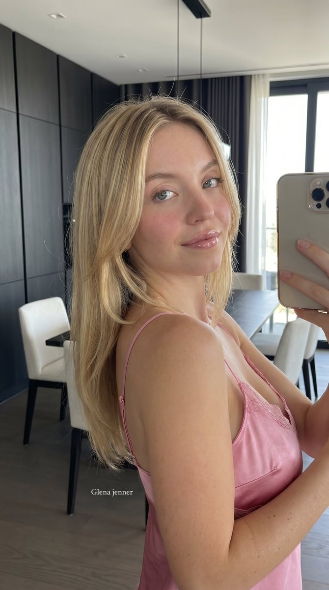 Sydney Sweeney poses in satin camisole with soft daylight