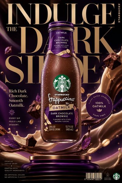 A glossy Starbucks bottle floats above a dark chocolate pedestal.