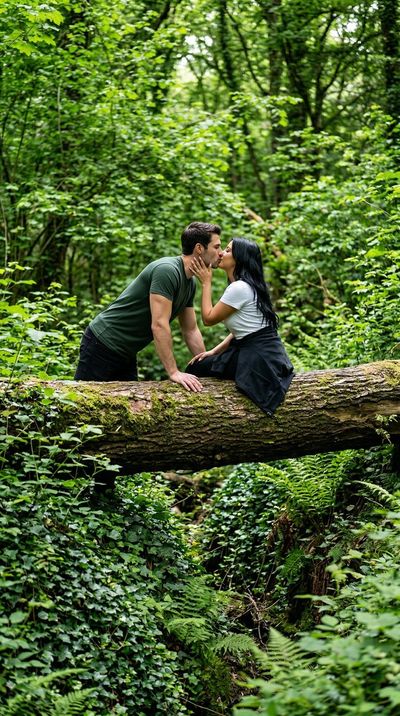 Tender Forest Kiss on a Fallen Log