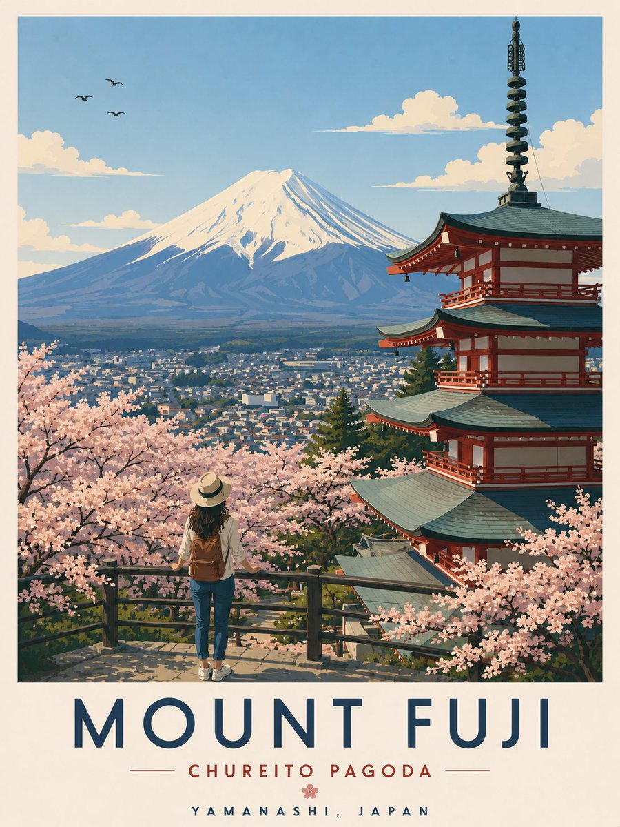 Sakura trees frame a lone traveler admiring Mount Fuji in spring