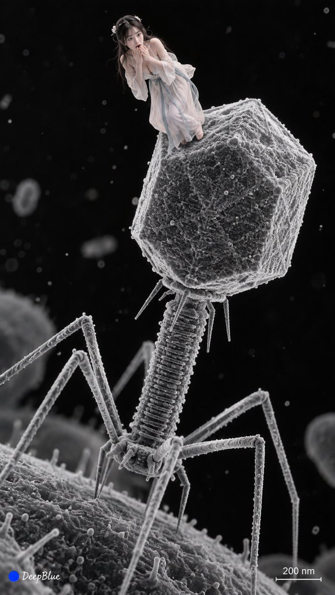Real Eastern woman stands on giant bacteriophage in electron microscope view