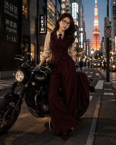 An elegant woman poses with a Triumph on a rainy Tokyo street.