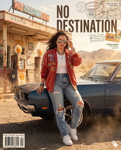 A fearless woman leans against a vintage car at sunset
