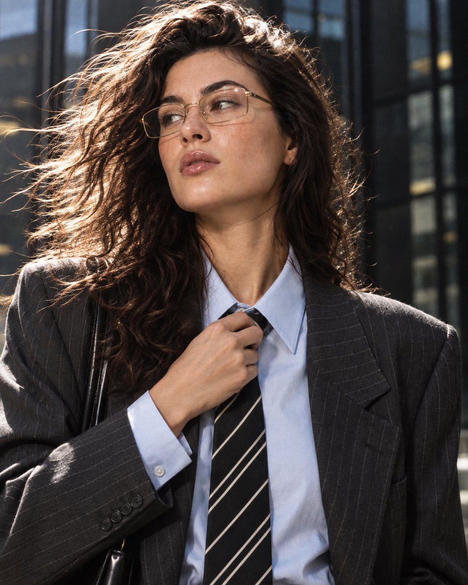 Windblown Woman in Pinstripe Blazer Gazing Past Camera