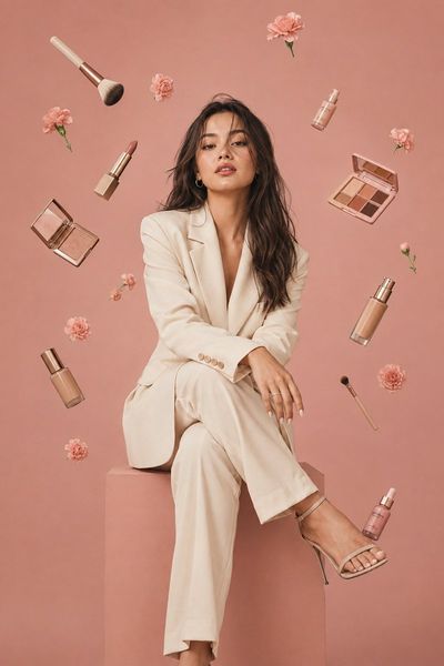 Elegant woman in cream blazer surrounded by floating cosmetics