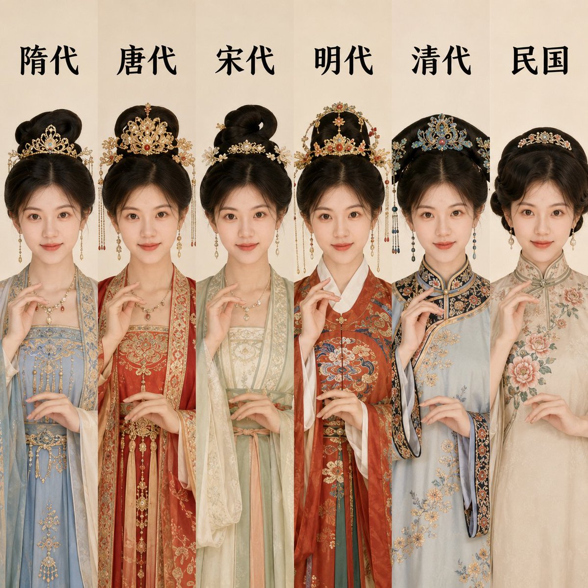 A Chinese dynasty fashion collage spans from Sui to Republic era