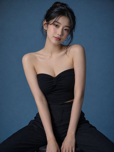 Elegant Korean woman in black fashion poses against royal blue studio backdrop