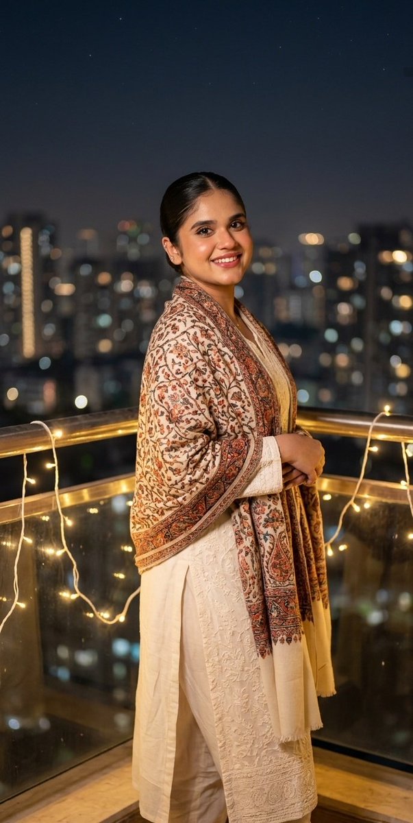 A graceful woman in Kashmiri shawl glows under city lights