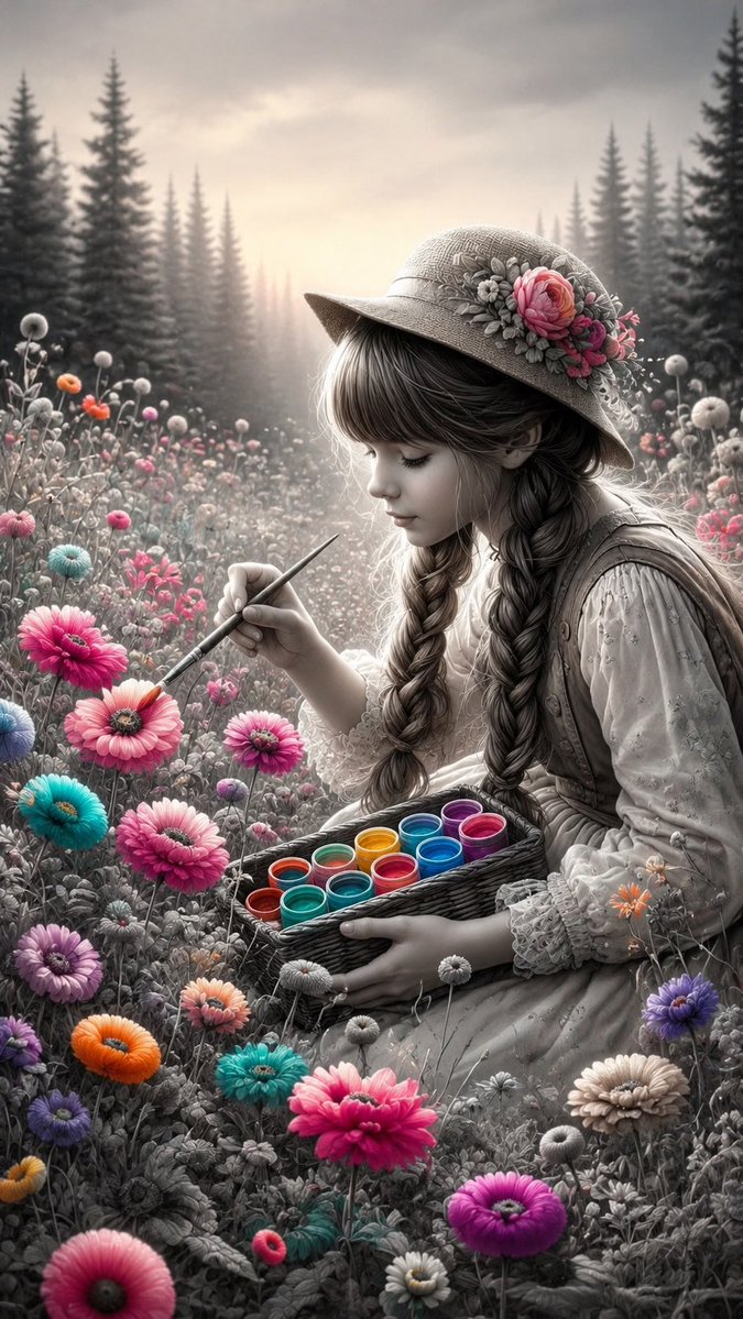 A girl paints vivid flowers in a monochrome misty field.