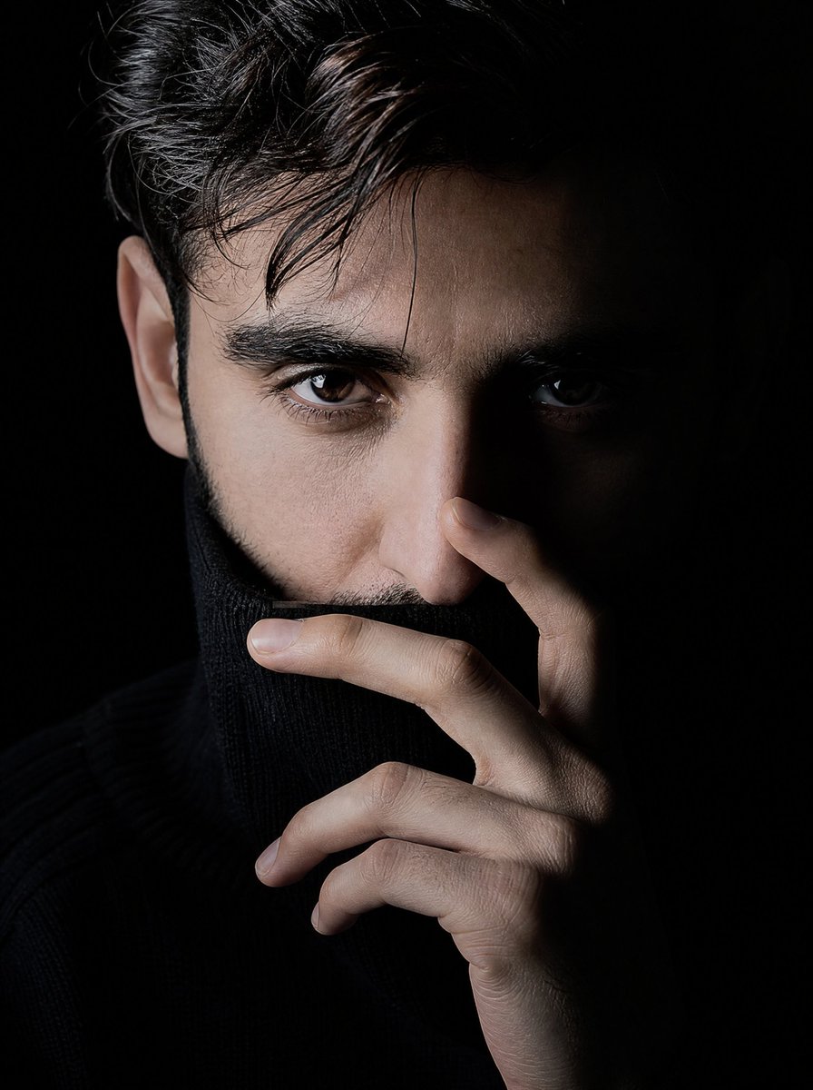 A mysterious man with intense dark eyes peers through shadow and light