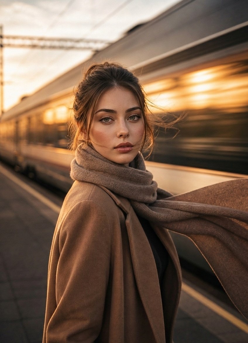 Woman in flowing scarf stands still as train blurs past