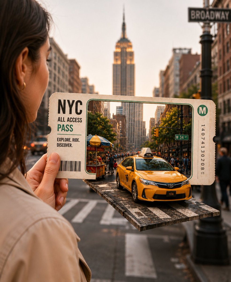 A hand holds a vintage ticket revealing a miniature NYC street scene.
