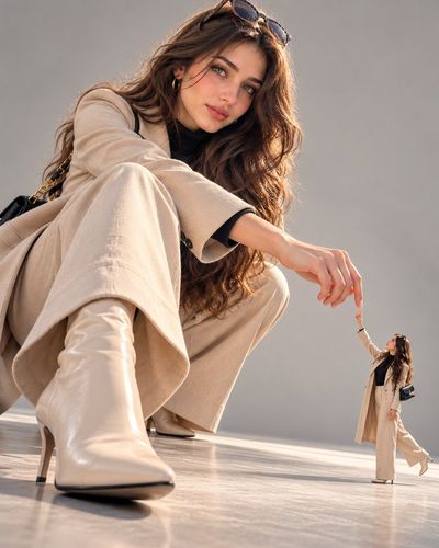 Giant Fashion Model Towers Over Miniature Self in Studio