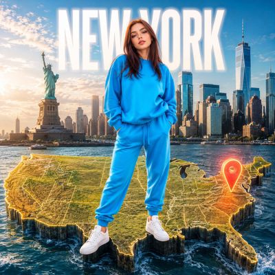 A confident traveler poses on a glowing map above New York skyline.