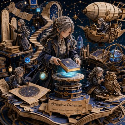 A young explorer places a glowing book onto a floating pedestal