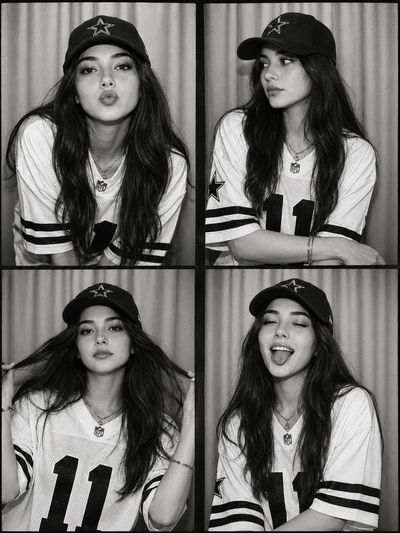 Confident woman in football jersey poses in vintage photobooth