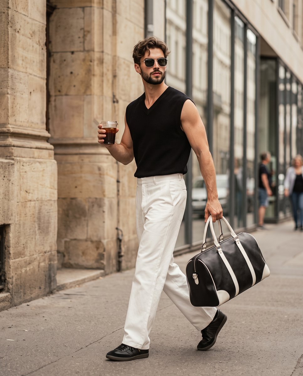 Confident man walks European street with iced coffee and duffel bag