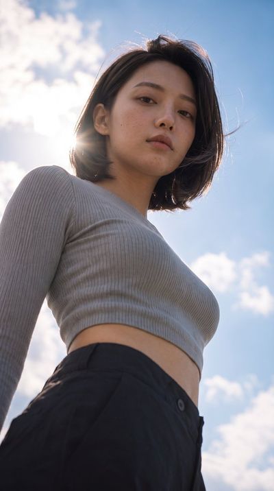 Low-angle portrait of a woman standing against a cloudy blue sky
