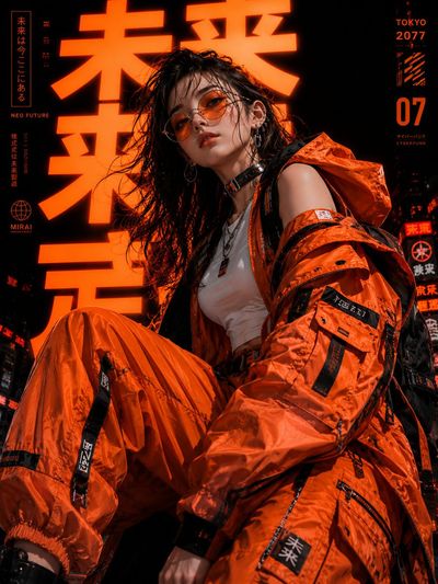 A futuristic streetwear woman sits in a neon Tokyo alley at night