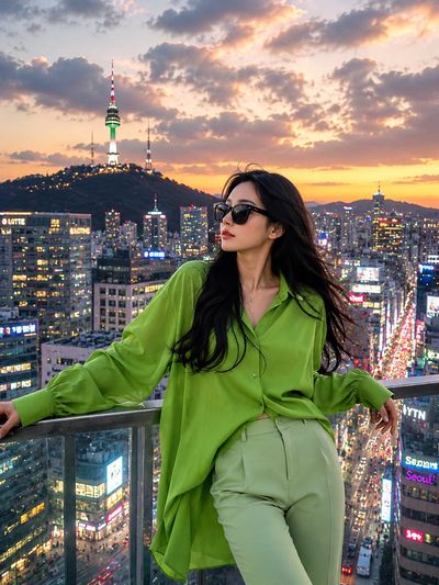 A stylish woman in lime green poses at sunset overlooking Tokyo Tower