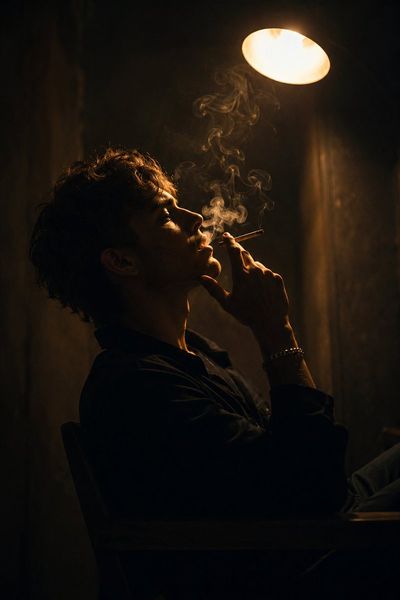 A mysterious young man smokes in dramatic noir silhouette.