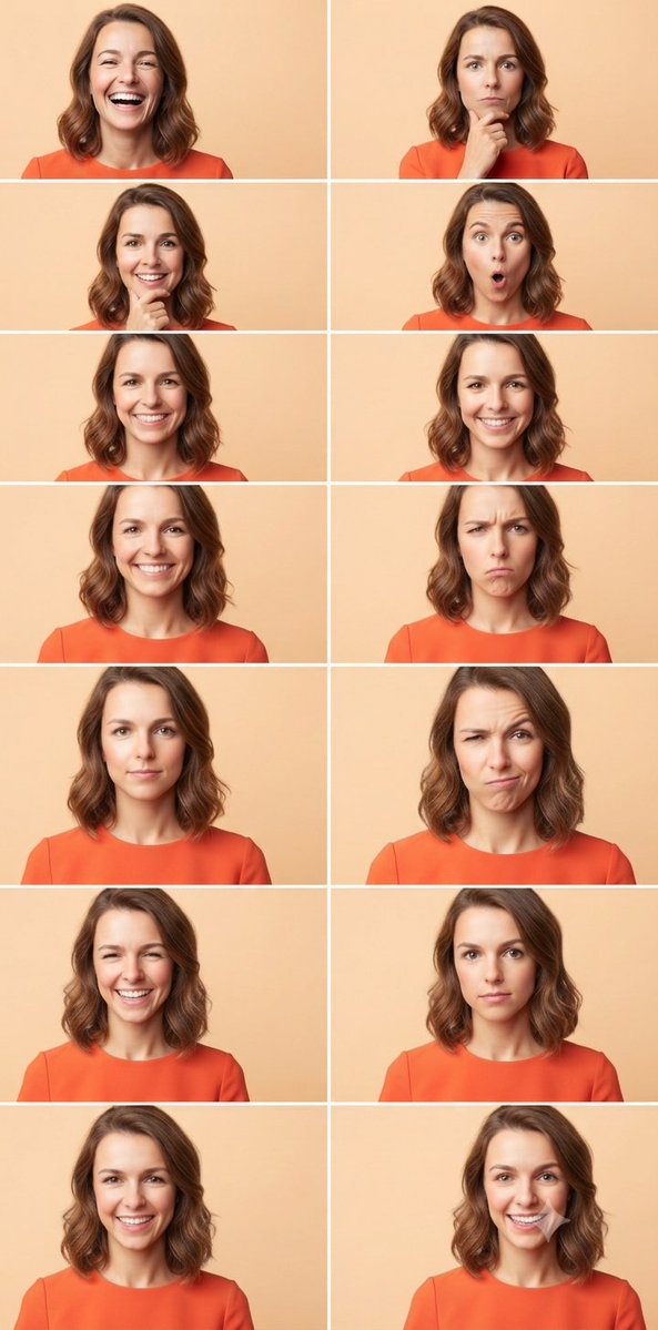A young woman in orange top displays her varied emotions