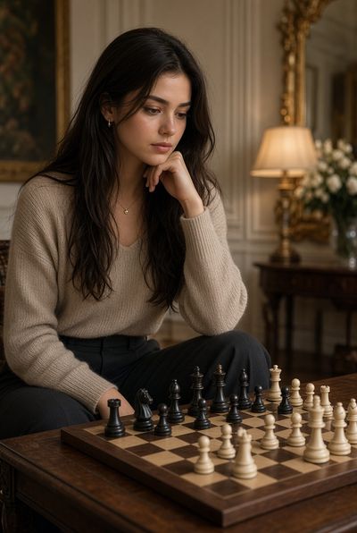 Thoughtful woman leans over chessboard in warm classic room