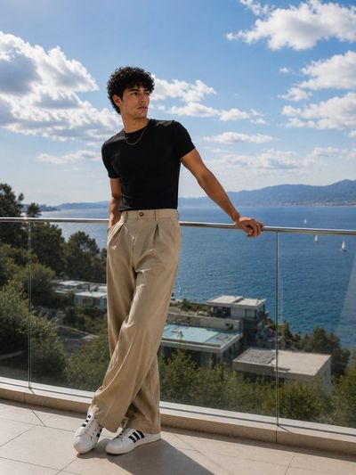Model leans on glass railing overlooking ocean with sailboats