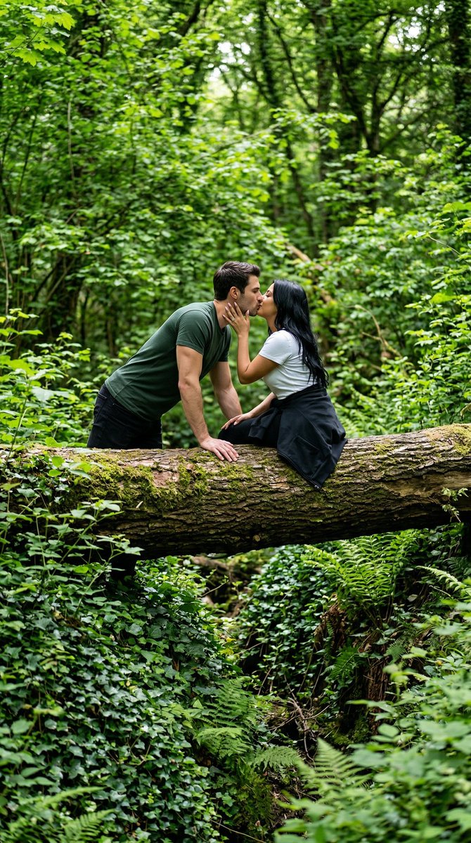 Tender Forest Kiss on a Fallen Log