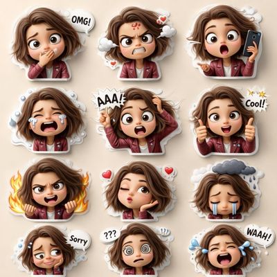 Expressive 3D Cartoon Sticker Pack of a Cute Girl's Emotions