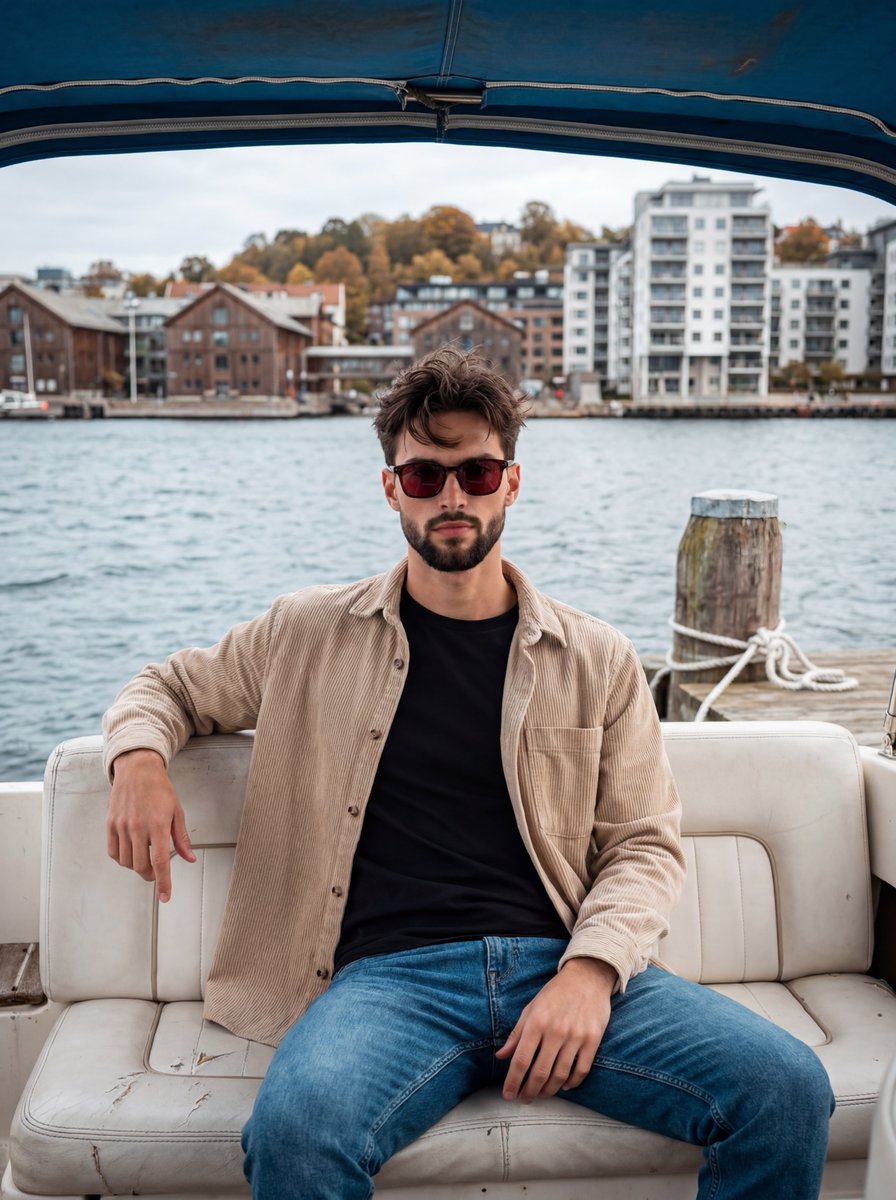 Young man in beige corduroy sits aboard weathered white boat