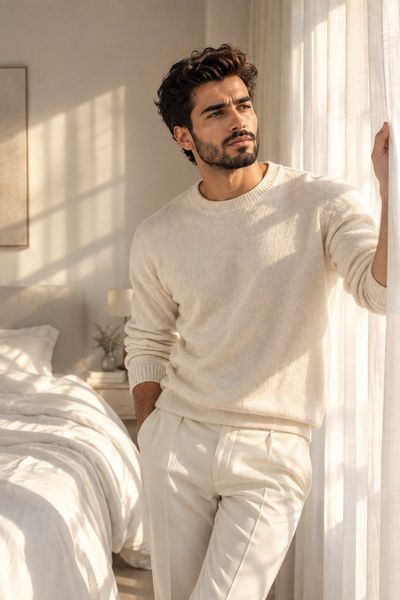 Handsome young man in ivory sweater gazes at morning light