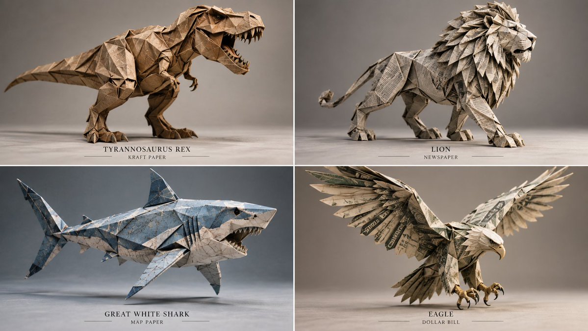 Origami Apex Predator Folded from Washi Paper on Grid